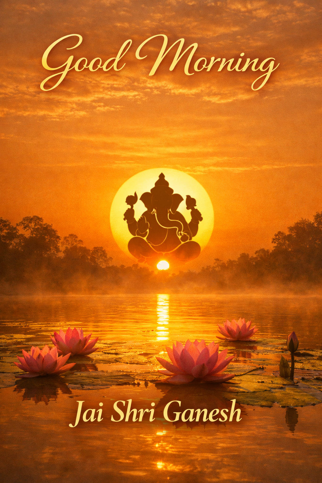 Good morning image Ganesha silhouette golden sunrise lotus pond Jai Shri Ganesh